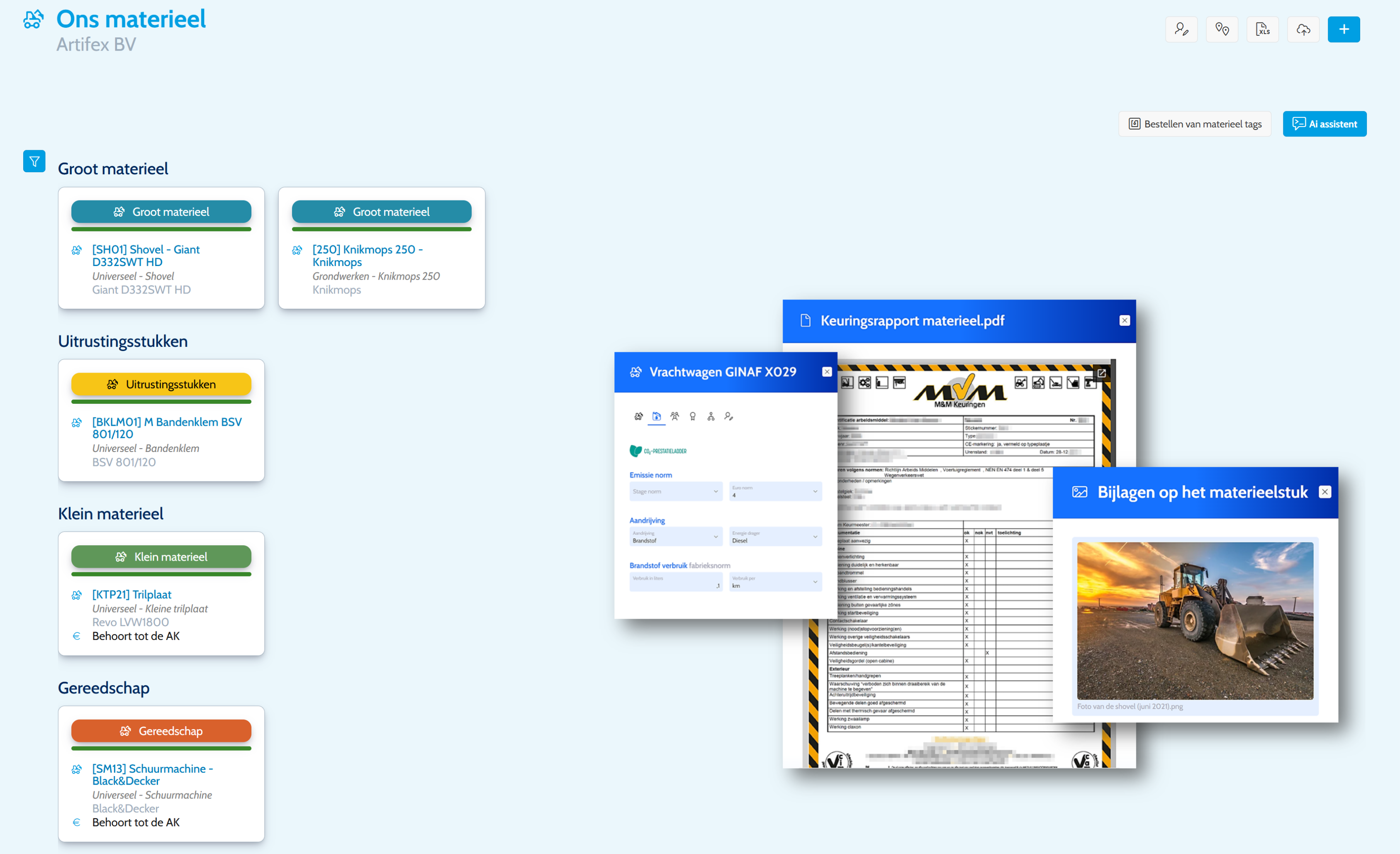 De tool materieelbeheer is speciaal ontworpen om aannemers te helpen bij het beheren, tijdig keuren en plannen van een divers scala aan materieel.