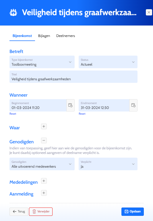 Aanmaken van een digitale toolboxmeeting - Infrabox