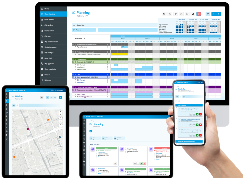 Software voor GWW infra- en groensector. Projectbeheer met digitale tools voor planning, urenregistratie, materieelbeheer en nog veel meer!